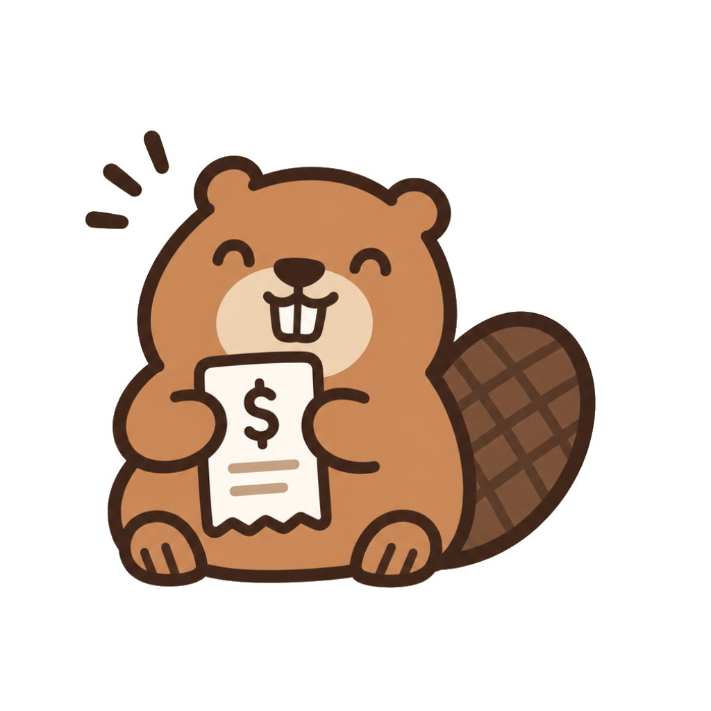 Klovo's beaver mascot holding a receipt