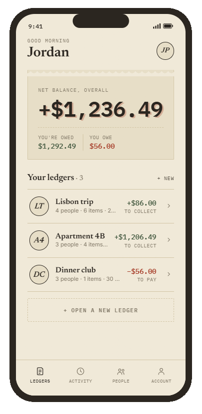 Klovo's home screen, showing a net balance and a list of shared ledgers